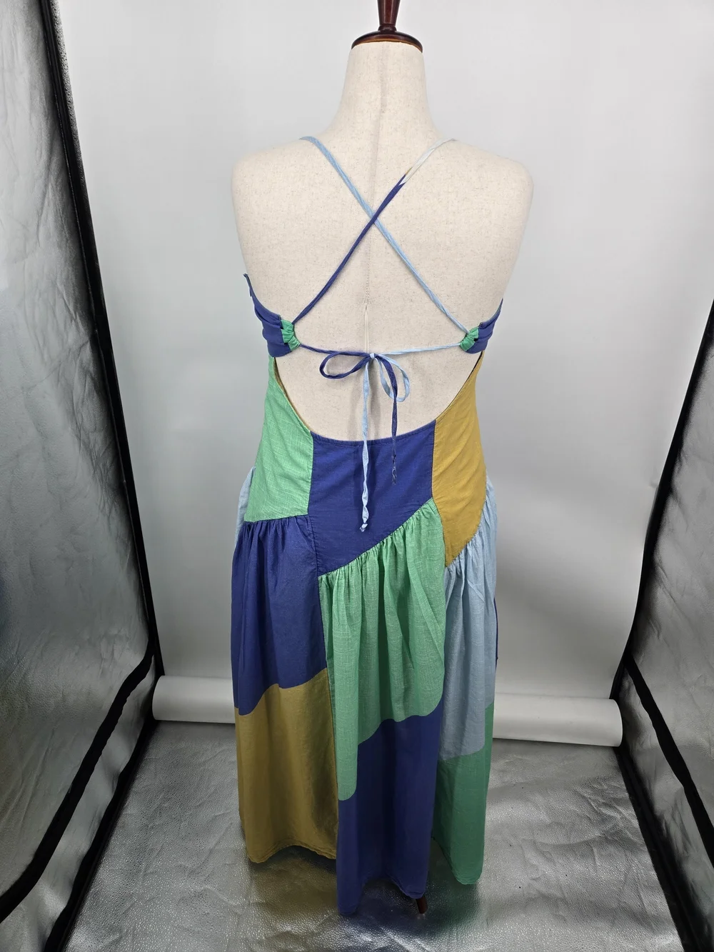 Celandine Colorblock Backless Midi Dress in Blue, Green & Yellow XL - Picture 2 of 6